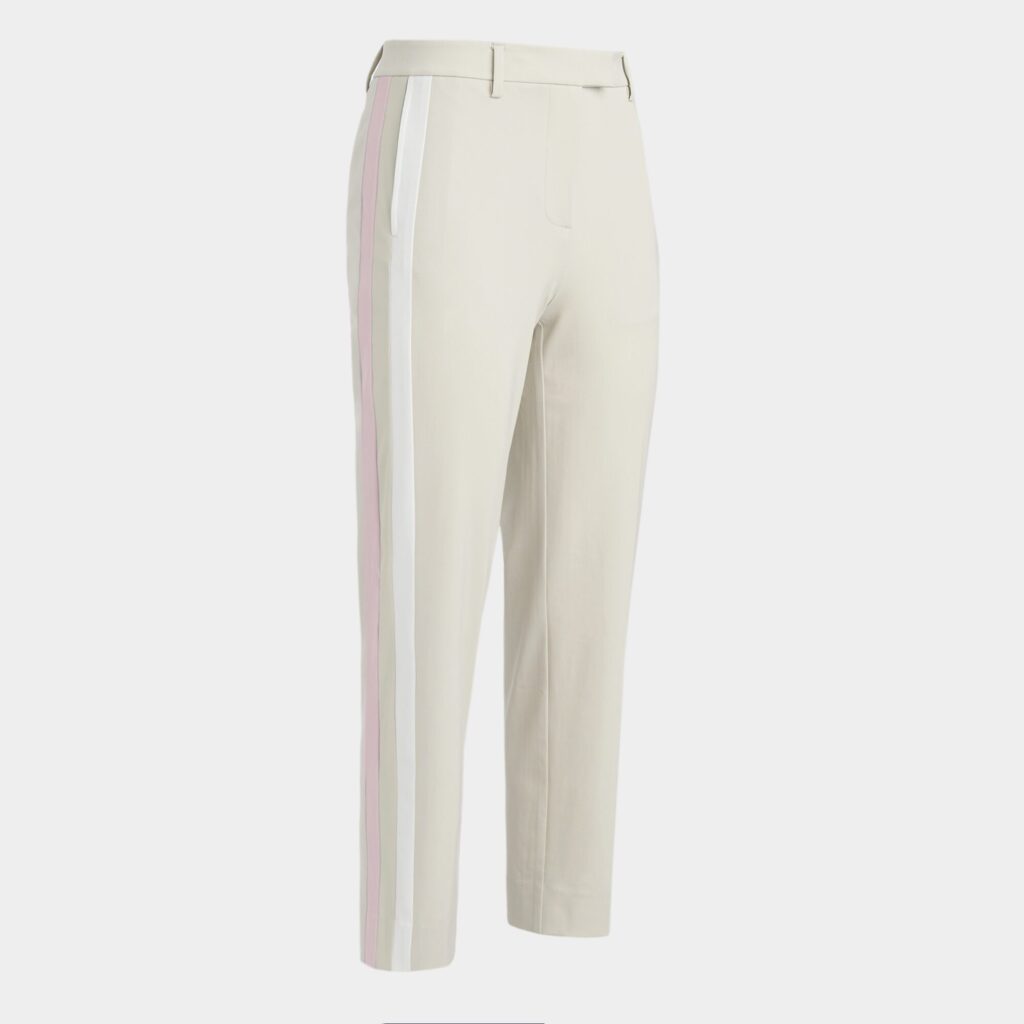 side stripe stretch tech twill mid rise straight leg trouser